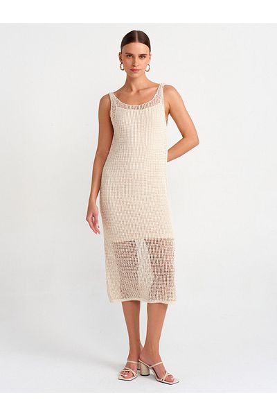 Dilvin 90206 Strap Openwork Lined Knitwear Dress-Ecru