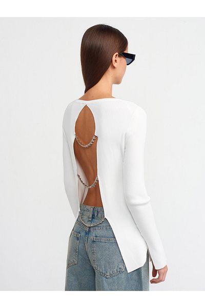 Dilvin Ecru Color Ribbed Low-Cut Stone Knitwear 10530