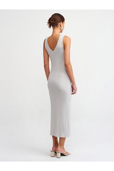 Dilvin 90177 V-Neck Ribbed Knitwear Dress-Light Gray