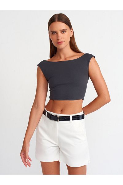 Dilvin 20869 Model Anthracite Boat Neck Crop Top