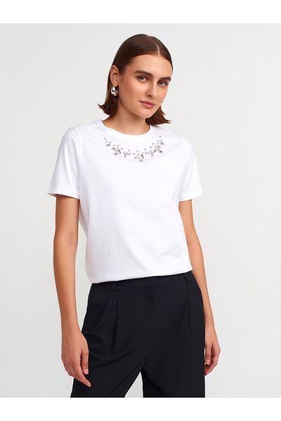 Dilvin 31168 White Stone Embroidered T-shirt