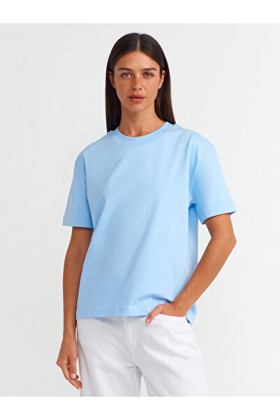 Dilvin 30312 Διακοσμητικό T-Shirt με ραφές σε λαιμόκοψη ποδηλάτου - Ανοιχτό μπλε