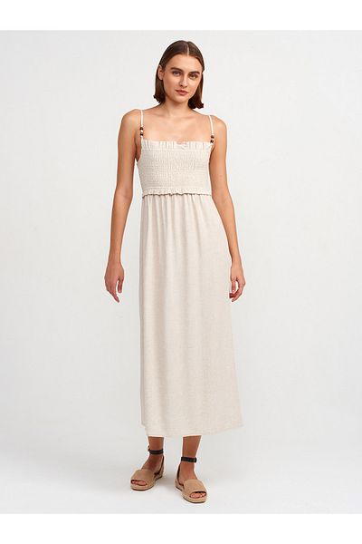 Dilvin 91233 - Natural Midi Dress with Gather Detail