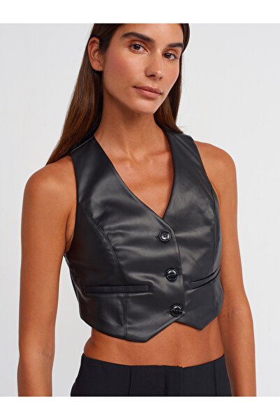 Dilvin 60529 Short Faux Leather Vest-Black