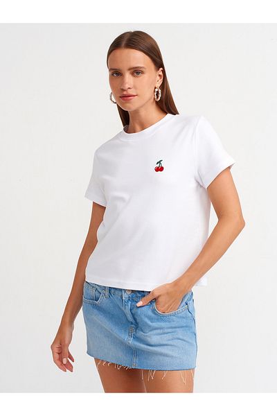 Dilvin 31045 Tricou cu gât brodat cu cireșe-alb