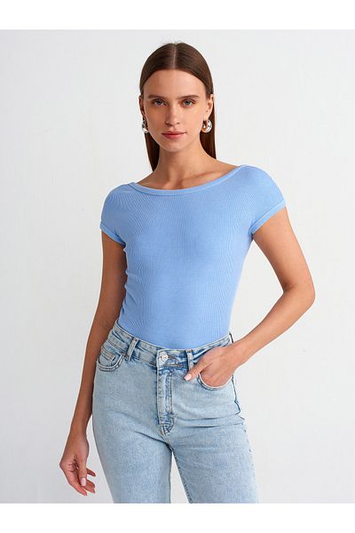 Dilvin 30419 Tricou cu efect pal cu detalii spate-Albastru