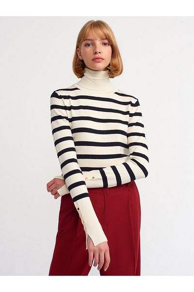 Dilvin 10432 Pulover Durop cu dungi cu gât-crem-negru