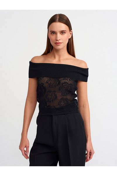 Dilvin 10581 Black Knitwear Blouse - Bardot Collar and Bow Detail