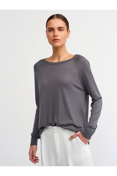 Dilvin 10536 Crew Neck Basic Thin Knitwear Sweater-Smoked