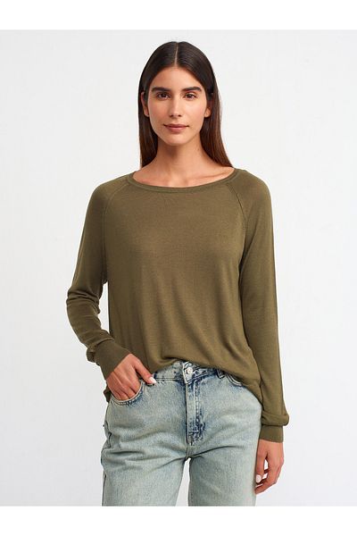 Dilvin 10536 Crew Neck Basic Thin Knitwear Sweater-Khaki