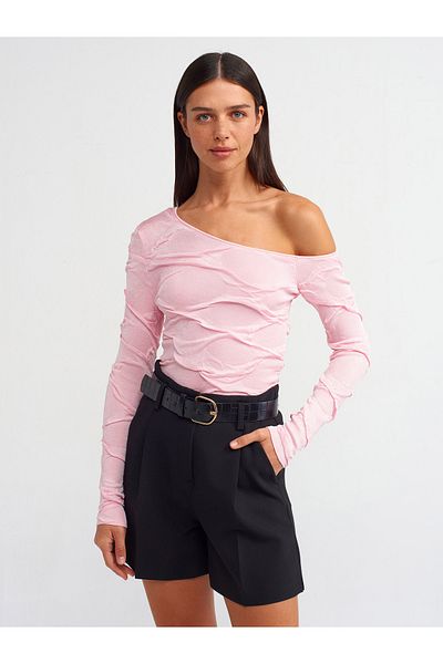 Dilvin 10566 Pulover subțire din tricotaje roz cu guler asimetric