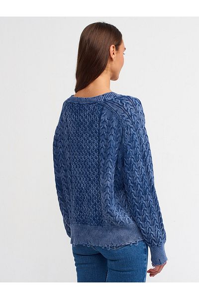Dilvin 10477 Pulover cu decolteu rotund cu efect decolorat-Indigo