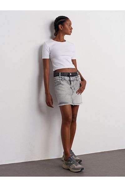 Dilvin 80565 Mini Denim Skirt - Double Color, Gray