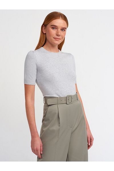Dilvin 10426 Model - Crew Neck and Buttoned Back Gray Melange Knitwear Sweater