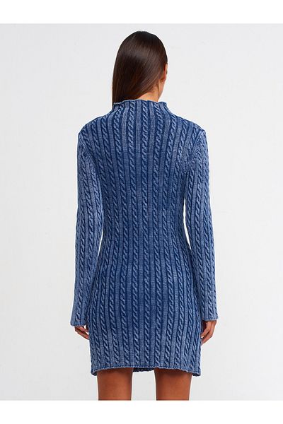 Dilvin 90167 Rochie de tricotaj împletită de păr cu guler în picioare cu efect palid-indigo