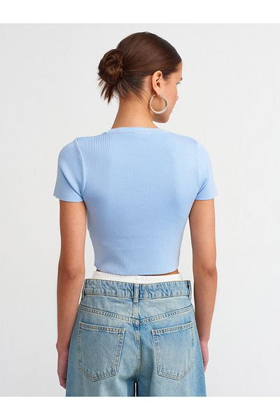 Dilvin 10357 Pulover crop cu mânecă scurtă cu decolteu-albastru