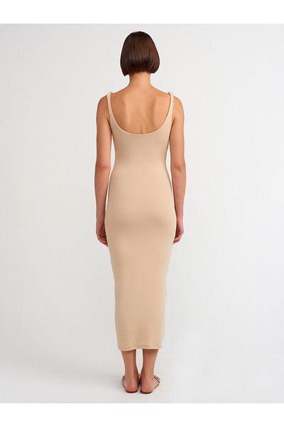 Dilvin Model 91172 - Rochie Midi Bej Deschis Guler Patrat