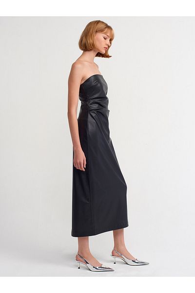 Dilvin 90799 Rochie midi din piele artificială fără bretele-neagră