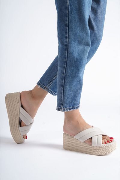 Afrodit CLZ948 Women's Slippers - Orthopedic Sole, Straw Look, Wedge Heels, Cream Color