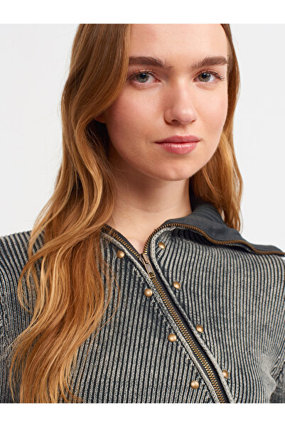 Dilvin 60213 Pale Effect Zippered Sleeve Slit Knitwear Cardigan-Anthracite