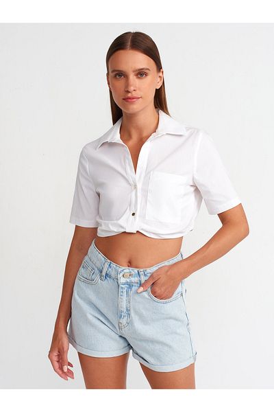 Dilvin 50489 White Pocket Detailed Crop Shirt