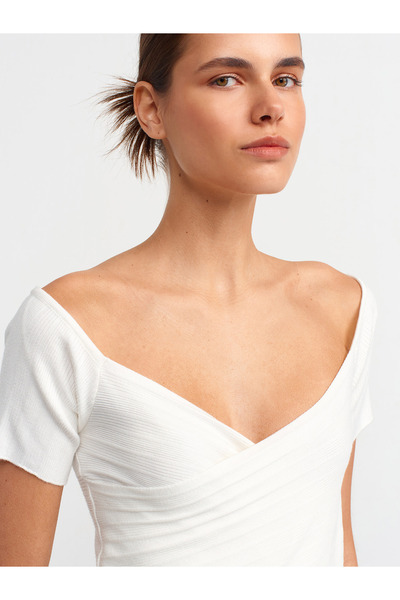 Dilvin 10528 Model Bardot Collar Knitwear Blouse - Ecru