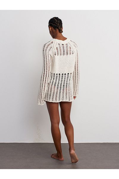 Dilvin 10613 Model Ecru Crew Neck Openwork Knitwear Sweater