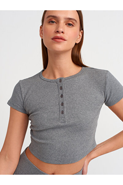 Dilvin 31022 Anthracite Crop Top - Button Detailed
