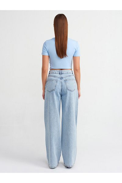 Dilvin 71486 Pantaloni albaștri din denim - plisați și spălat pe zăpadă