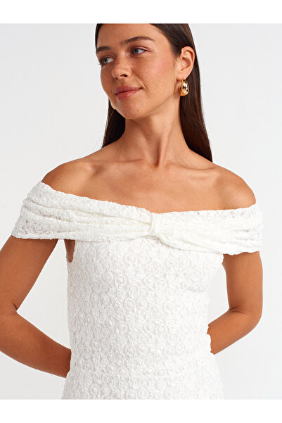 Dilvin 91105 Off-The-Shoulder Mini Dress-Ecru