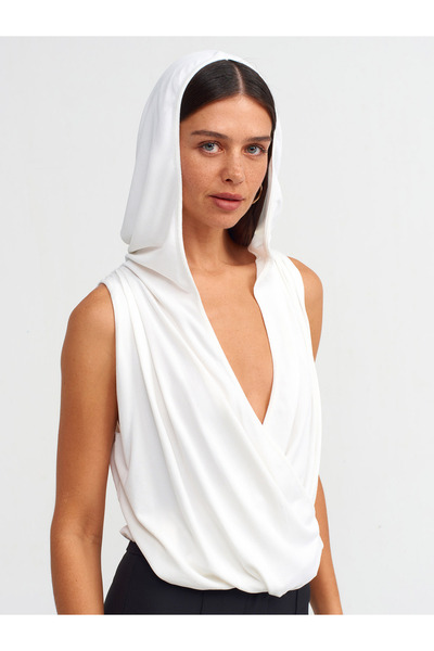 Dilvin 10373 Μοντέλο Πλεκτό Μπλούζα με κουκούλα - Εκρού