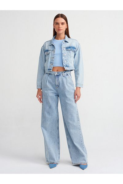 Dilvin 71486 Pantaloni albaștri din denim - plisați și spălat pe zăpadă