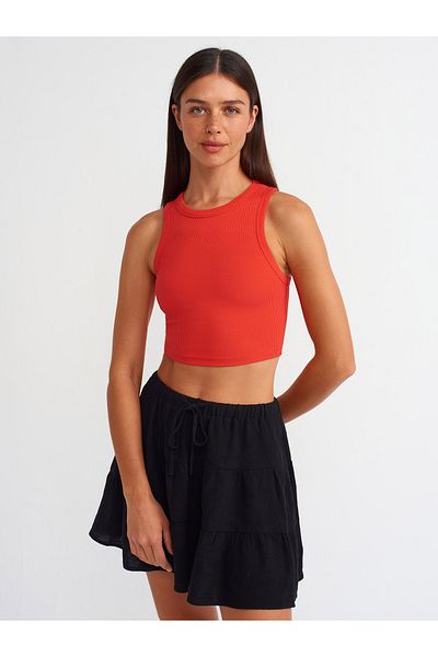 Dilvin 20820 Model Red Short Sleeve Crop Top with Stitching Effect