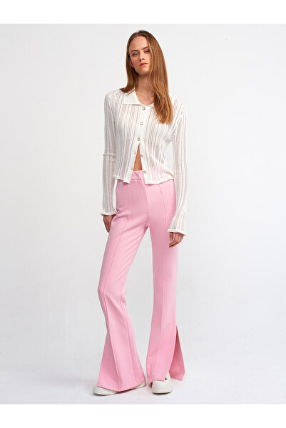 Dilvin 60200 Transparent Polo Neck Buttoned Knitwear Cardigan-Ecru