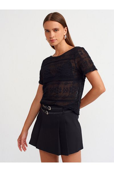 Dilvin 10593 Black Openwork Crew Neck Knitwear Blouse