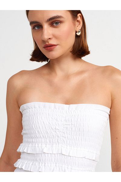 Dilvin 91220 White Strapless Gipe Detailed Dress