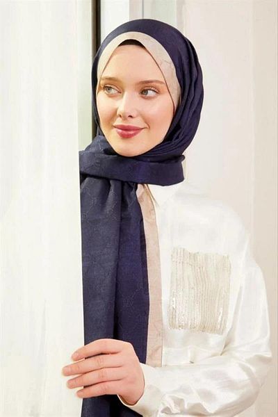 Levidor Monogram Patterned Women's Shawl - Navy Blue/Ecru