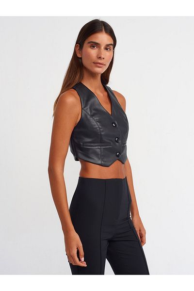 Dilvin 60529 Short Faux Leather Vest-Black