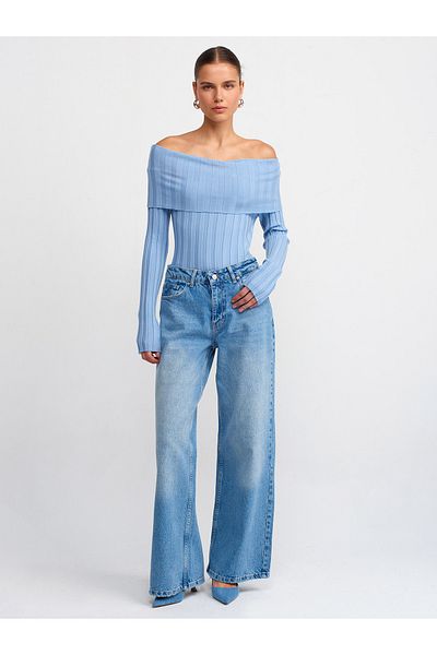 Dilvin 71429 Pantaloni largi din denim cu spălare pentru zăpadă-albastru