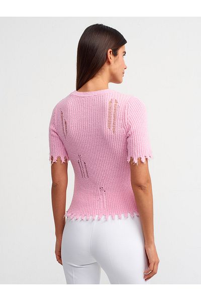 Dilvin 10555 Pulover de tricotaj cu detaliu rupt cu decolteu rotund-roz