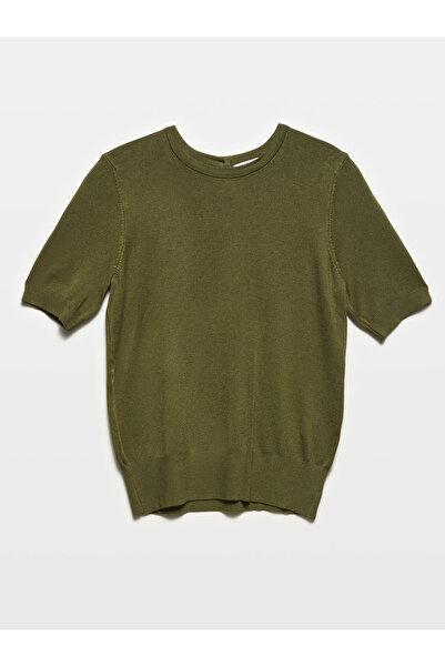 Dilvin موديل 10426 - سترة تريكو كاكي برقبة دائرية وأزرار في الخلف