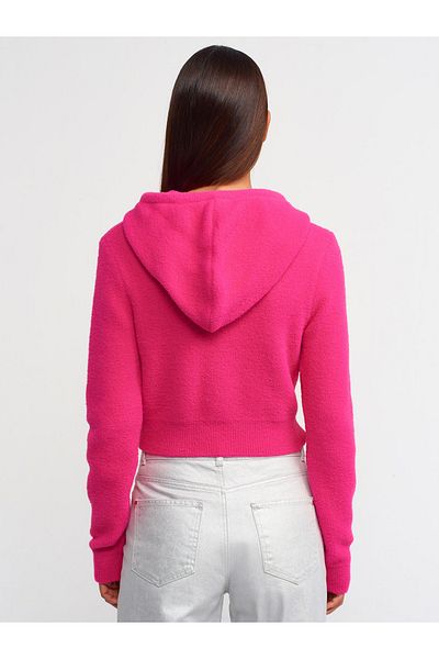 Dilvin 10486 Pulover crop cu glugă cu textura moale-fucsia