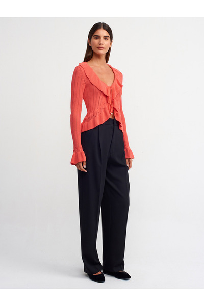 Dilvin 60220 Frilly Lace-up Knitwear Cardigan-Red