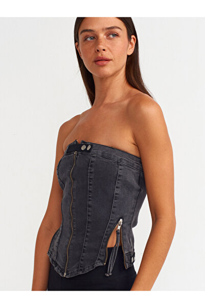 Dilvin 50732 Üç Fermuarlı Denim Büstiyer-siyah