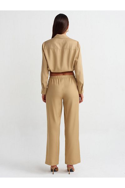 Dilvin 71268 Wide Leg Drawstring Special Cut Trousers-Camel