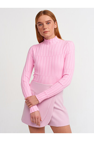 Dilvin 10507 Pulover cu nervuri cu guler stand-roz