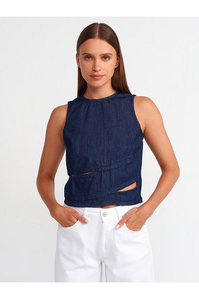Dilvin 50733 Asymmetric Denim Blouse - Navy Blue