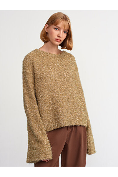 Dilvin 10474 Pulover cu sclipici la spate decoltat-bej-auriu