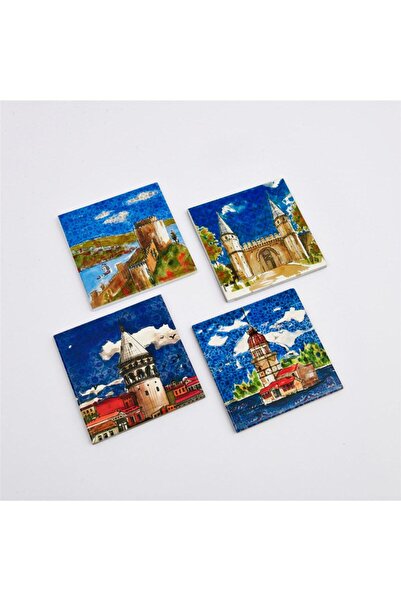 Anadolia Istanbul Series 4-Piece Ceramic Coasters Set with Wooden Box