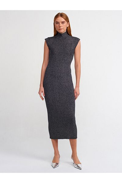 Dilvin 90171 Rochie din tricotaj cu sclipici fără mâneci cu guler vertical-Negru-G
